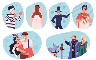Set of actors close-up. Isolated flat illustration.