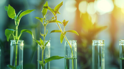 Green plant sprouts flourishing in laboratory test tubes under radiant light