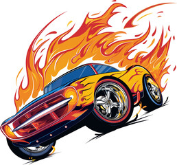 Classic muscle car engulfed in flames illustration with vibrant colors isolated.