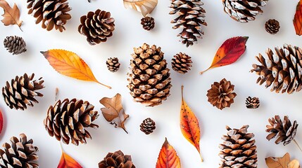 Pinecones surrounded by vibrant fall foliage on a white background, creating a visually striking image of autumnal beauty. - Powered by Adobe