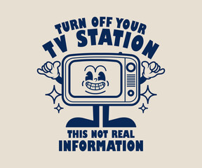 Funny cartoon character of television. Can be used as Sticker, posters, prints. Retro cartoon style. Vector illustration