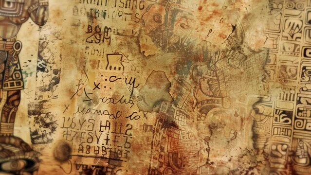 Old Maya scroll with symbols and pictograms from Aztec mythology featuring the drawing of an ancestral god or shaman for prophecy. Animation of weathered paper background with mysterious inscriptions