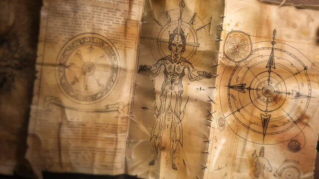 Old, wrinkled and textured parchment scroll, resembling a pirate's triptych of a treasure map, with symbols and mystical drawings for the worship of a goddess. Occultism and magic for wiccan ritual