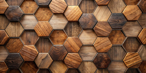 Abstract luxurious geometric hexagon wood background banner 3d texture background - Brown rustic rough wooden hexagonal shape decor wall panele wallpaper, seamless pattern