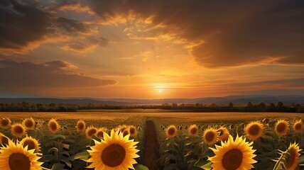  field of sunflowers stretching towards the horizon under a golden sunset 