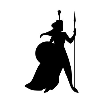 recommend clip art: Silhouette of a woman warrior, vector icon with helmet, spear and shield.