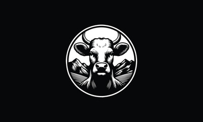 Cow head with circle, round, mountain, desert design logo 