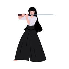 Samurai woman with sword on isolated background in flat style.