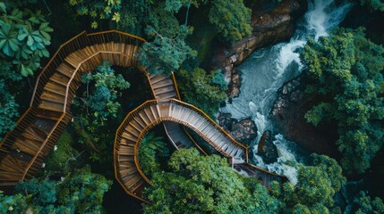 Obraz premium Aerial Photography of a Serene Waterfall Cascading Through a Spiral Wooden Structure