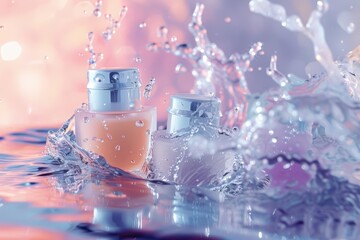 BB creams captured in water splash for a cosmetic ad on a bokeh background