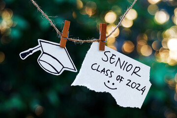 Senior class of 2024 on a note paper hanging on rope with bokeh background