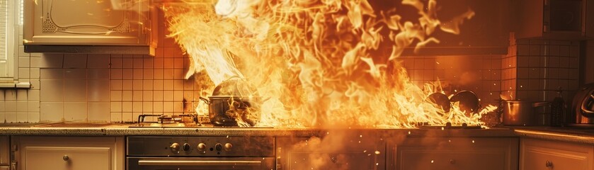 Fototapeta premium Home kitchen engulfed in flames in the style