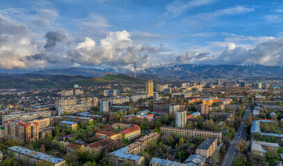  View from a quadcopter of the central part of the Kazakh city of Almaty on a spring evening