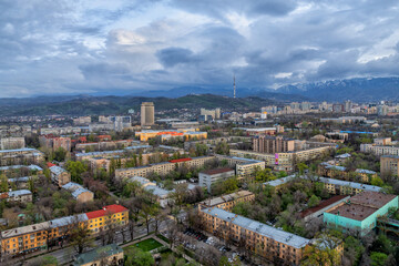  View from a quadcopter of the central part of the Kazakh city of Almaty on a spring evening