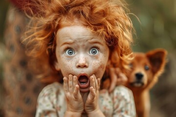 Stunning high resolution photo: a small funny red-haired girl with a frightened expression on her face, in the background of the frame there is a small red stray puppy out of focus