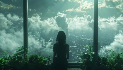 Fototapeta premium Looking Room with Smoke Ahead Factories emitting smoke in the background, with looking room symbolizing a grim future due to pollution
