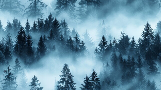 Seamless pattern. Misty blue forest with dense fog, perfect for mysterious or tranquil themes in visual storytelling.