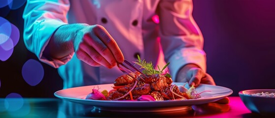 Closeup half body of a chef with Glow HUD big Icon of gourmet cuisine, masterfully plating an exquisite dish, on bright solid background in luxury color styles