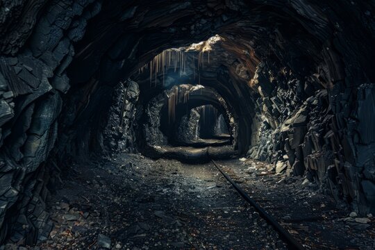 A network of abandoned mine tunnels, their dark passages stretching deep into the earth, now haunted by echoes of the past, Generative AI