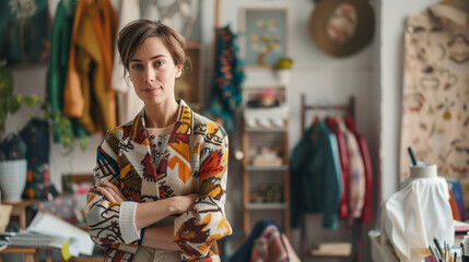 Obraz premium A Caucasian female fashion boutique owner stands confidently among vibrant, eclectic clothing in a creatively decorated shop.