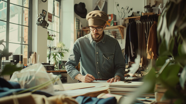 A male artisan meticulously works on crafting materials in a well-equipped leather workshop filled with various tools.