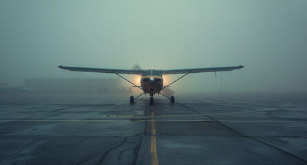 Single-Engine Plane on Misty Runway at Twilight. Single-engine propeller plane sits on a fog-covered runway, its lights cutting through the twilight haze at the airport.