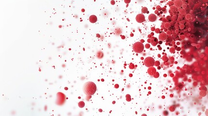 Abstract red liquid with flying red cell particles on a white background.