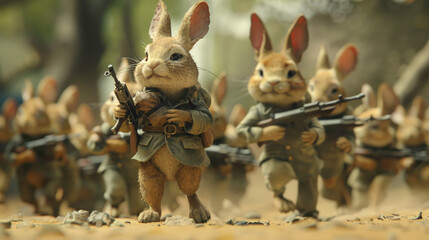 Cute Rabbit army parade scene wearing beautiful uniform and holding a weapon.