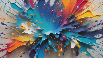 A painting of a colorful explosion with splatters of paint on a gray background. The colors are vibrant and bold, with shades of blue, green, red, and yellow ULTRA HD 8K