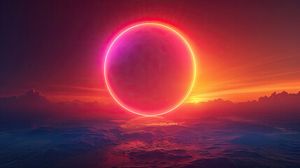 Abstract dark landscape with the big shining circle in the sky