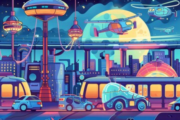 Cartoon cute doodles of a cybernetic transportation hub featuring self-driving cars, magnetic levitation trains, and personal flying drones, Generative AI