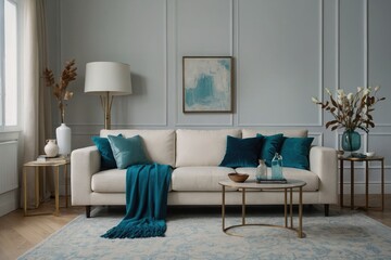 Inviting Living Room Warm Colored Furniture , couch and chair in a living room,  bay window, apartment