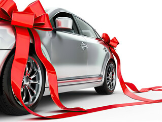 Concept of winning a car, earning a car as a reward or prize, receiving a car as a gift. Luxury silver car with red bow, isolated