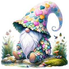 A cute cartoon gnome with a colorful hat sits on a rock in a lush green field. The gnome has a long white beard and a friendly smile.