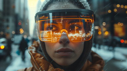 Women wearing augmented reality smart glasses with data overlay in a snowy city scene.