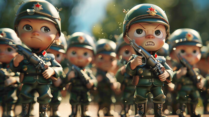 Cute baby soldiers army wearing army uniform. cartoon Kids army parade.