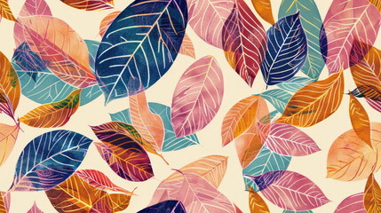 Seamless pattern. Colorful illustrated foliage pattern, perfect for vibrant wallpapers and textile designs.