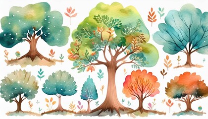 Tree set collection watercolor clipart cute isolated on white background