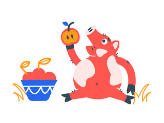 Pig at a picnic with apples