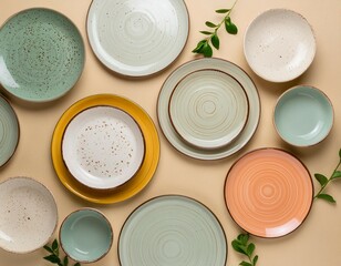 Different size of plates on beige background Flat lay top view