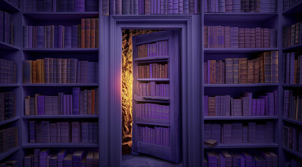 An open door in the wall of an old library reveals purple books behind it