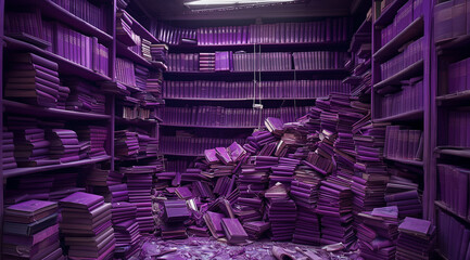 Dreamy Library Interior with Vibrant Purple Bookshelves