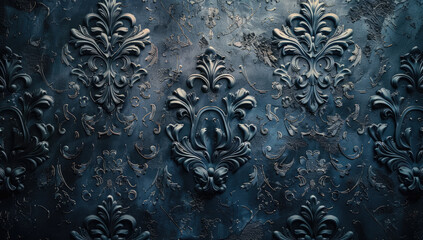 A dark blue damask wall paper with gothic style decoration. Created with Ai