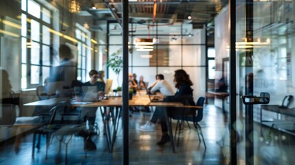 People working on computer pc behind glass wall, it specialists and programmers working in open space modern office Background