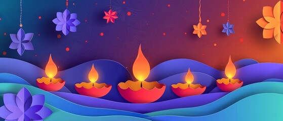 Paper art style of Diwali festivities in retro color, capturing the lights and energy, illustration template