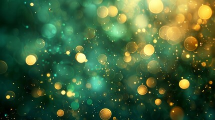 Abstract blur bokeh banner background. Gold bokeh on defocused emerald green background