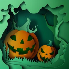 Fototapeta premium Paper cut design of Halloween pumpkins in cyber color, spooky and fun, banner sharpen with copy space