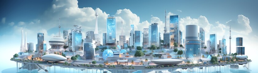 Obraz premium A beautiful futuristic cityscape with a blue sky and white clouds