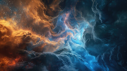 Fototapeta premium Abstract background of swirling nebulae and stars with two vibrant cosmic clouds colliding in a spectacular display of light and color