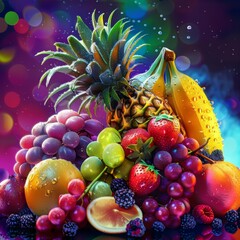 Show Glow HUD big icon group of exotic fruits with very blurry backdrop to emphasize their vibrant colors